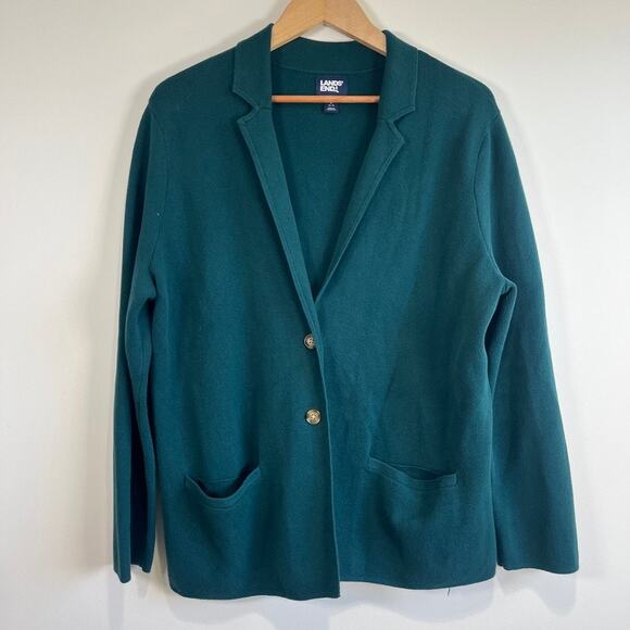 Lands’ End Cotton Knit Blazer Cardigan Sweater Jacket Button Teal Green Women L - Picture 1 of 12